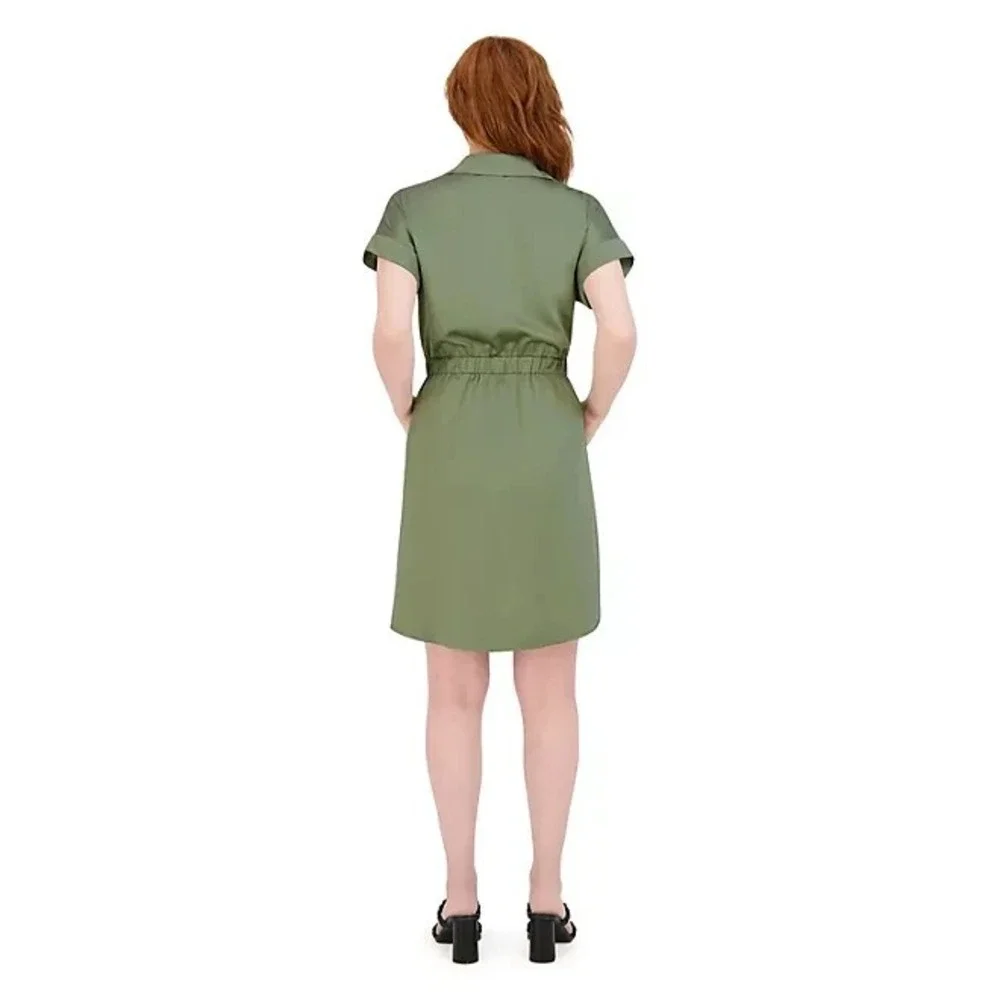 French Connection Womens Short Shirt Dress XS Olive Green Mini Belted Collared